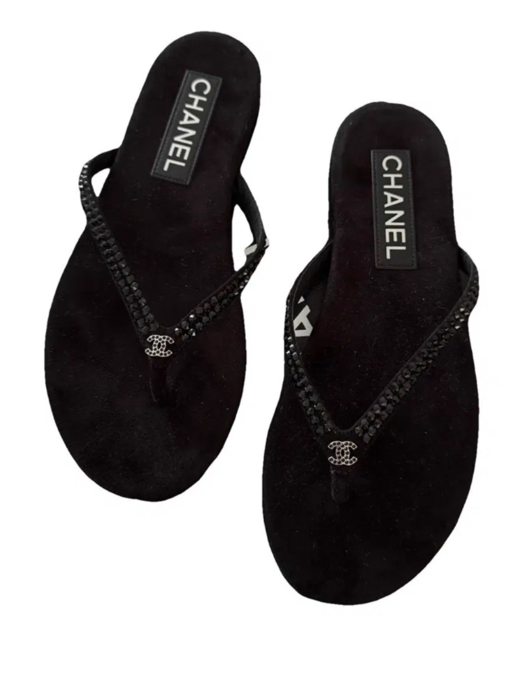 CHANEL Black Crystal CC Thong Sandals Flip Flops 36.5